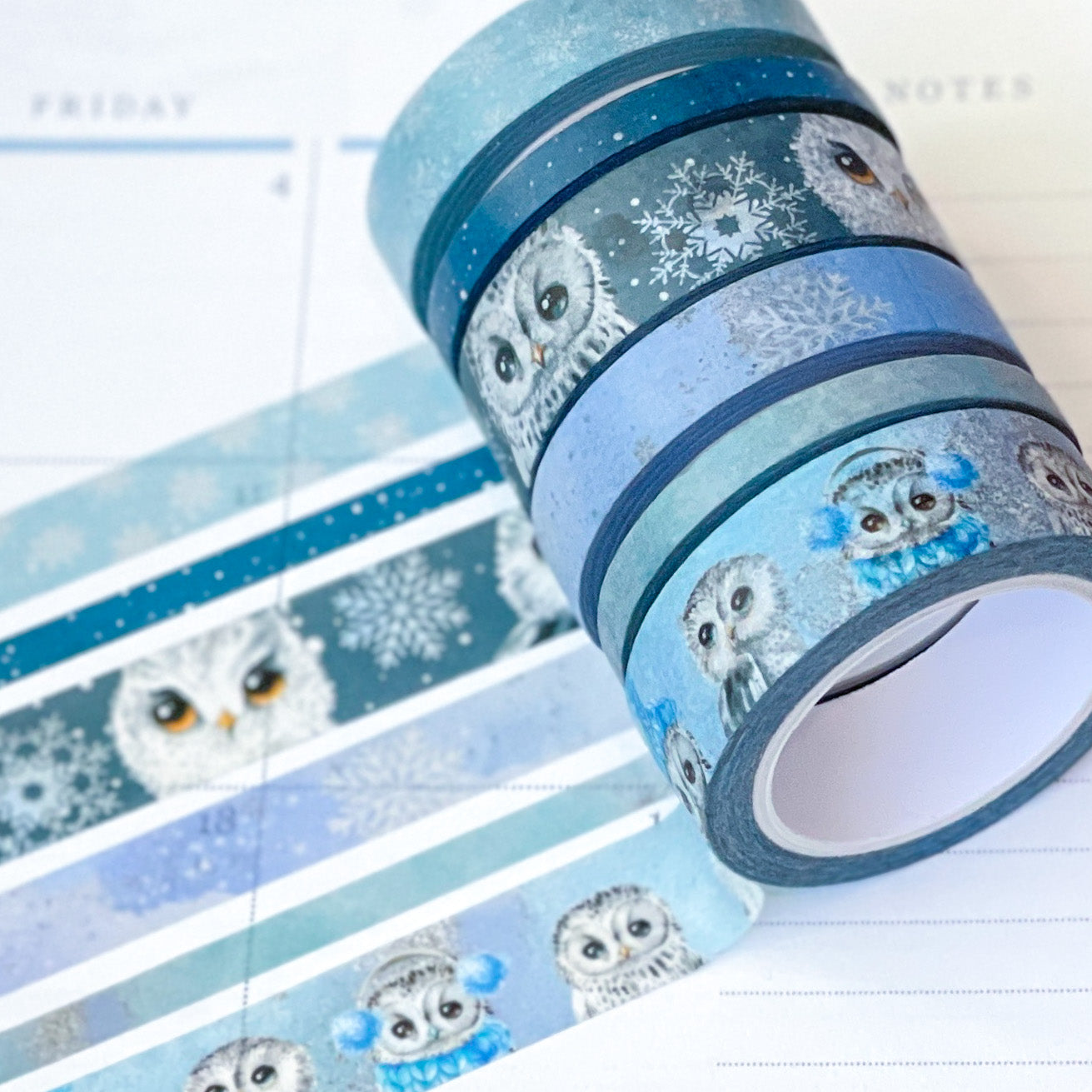 Snow Owls & Snowflakes Winter Animals Washi Tape Set (#W042)