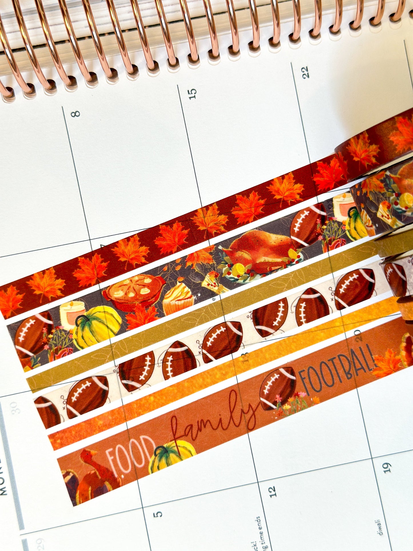 Football Fall Turkeys Thanksgiving Dinner Leaves Autumn Washi Tape Set November 2023 - W096