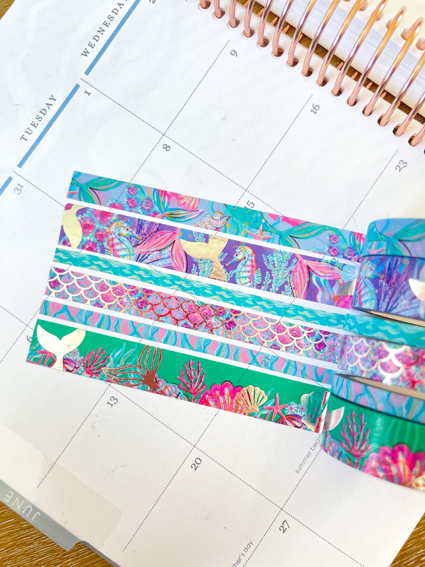 Mermaid FOILED Silver Beach Scales Seashells Ocean Animals Summer Washi Tape Set (#W085)