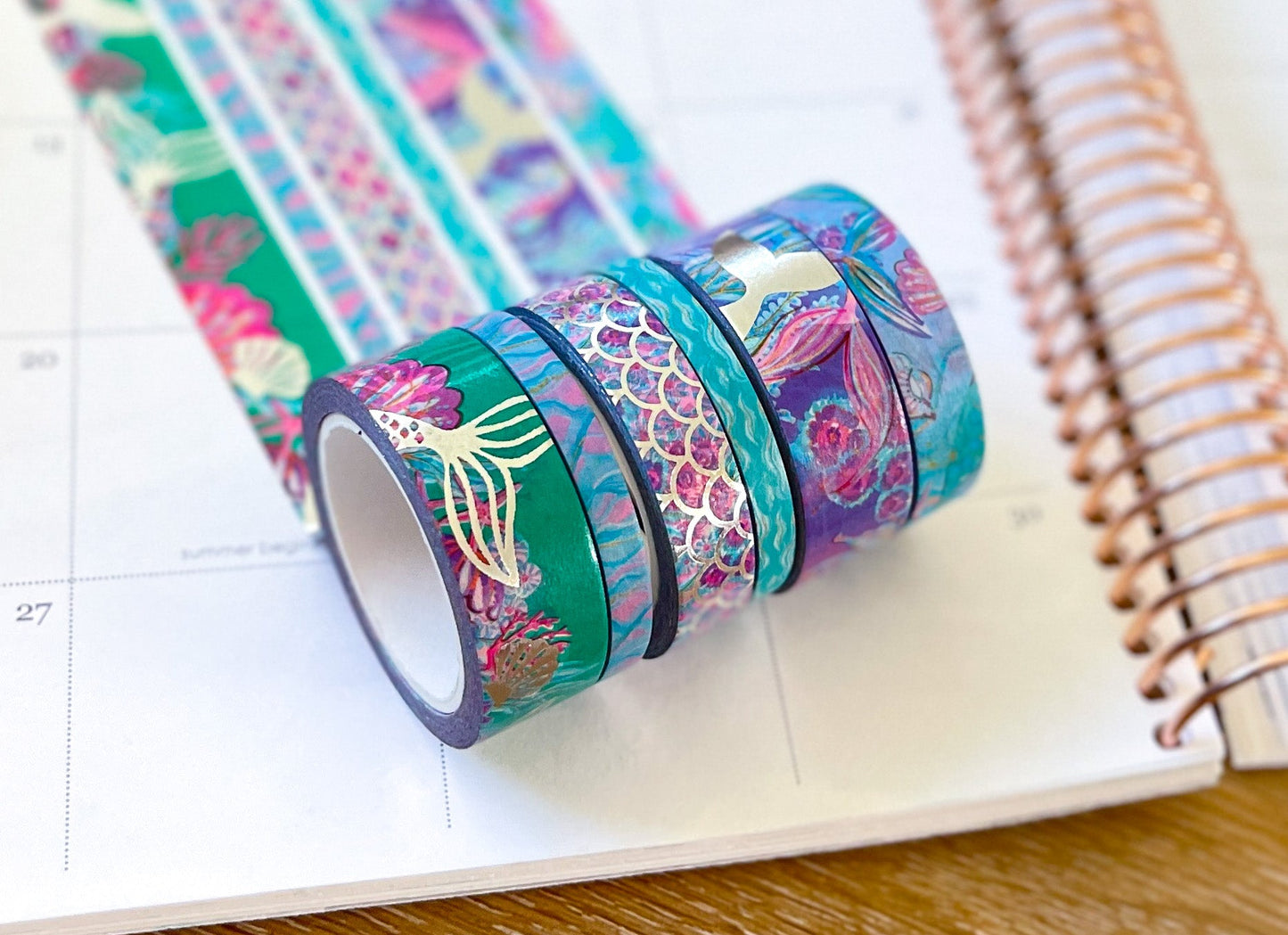 Mermaid FOILED Silver Beach Scales Seashells Ocean Animals Summer Washi Tape Set (#W085)