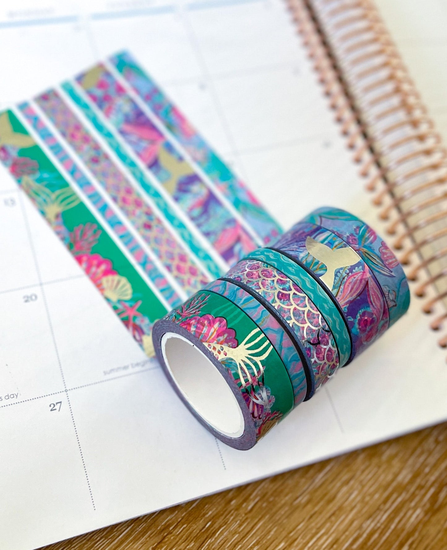 Mermaid FOILED Silver Beach Scales Seashells Ocean Animals Summer Washi Tape Set (#W085)