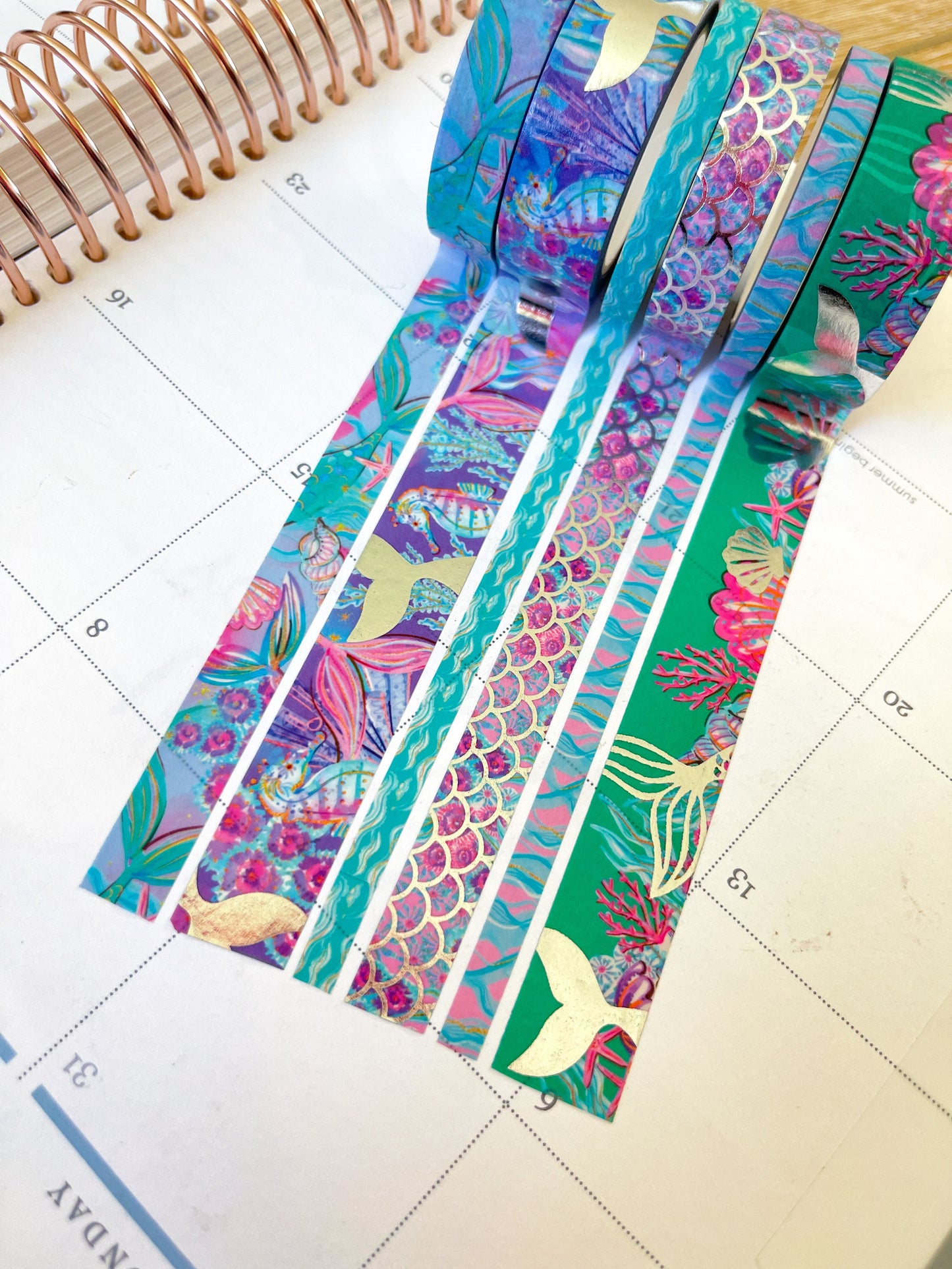 Mermaid FOILED Silver Beach Scales Seashells Ocean Animals Summer Washi Tape Set (#W085)