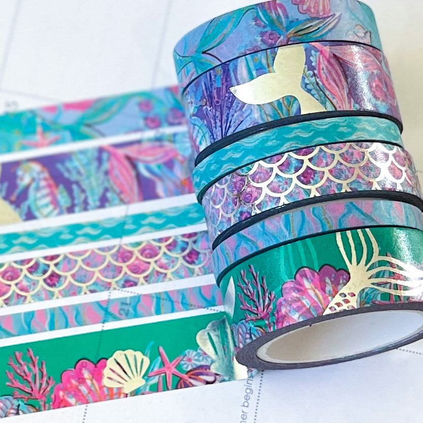 Mermaid FOILED Silver Beach Scales Seashells Ocean Animals Summer Washi Tape Set (#W085)