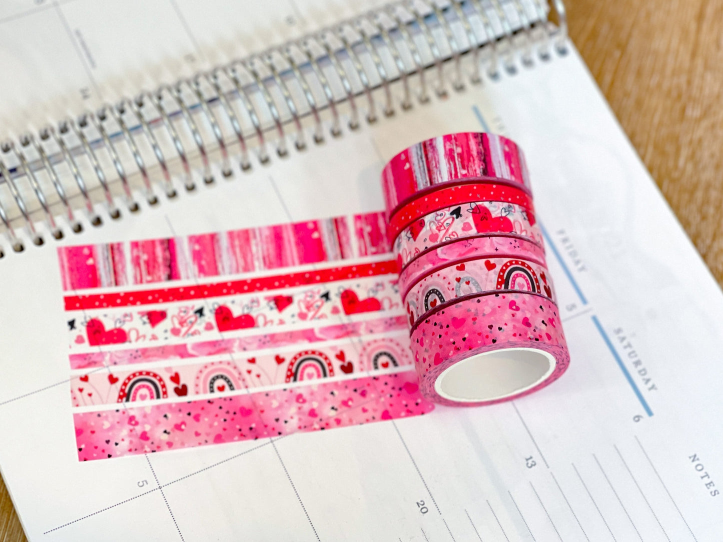 Valentine's Red & Pink Herts Boho Stripes Watercolor Washi Tape Set (#W076)