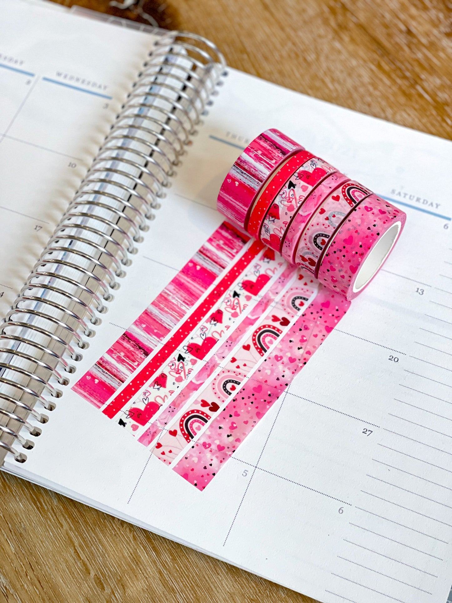 Valentine's Red & Pink Herts Boho Stripes Watercolor Washi Tape Set (#W076)