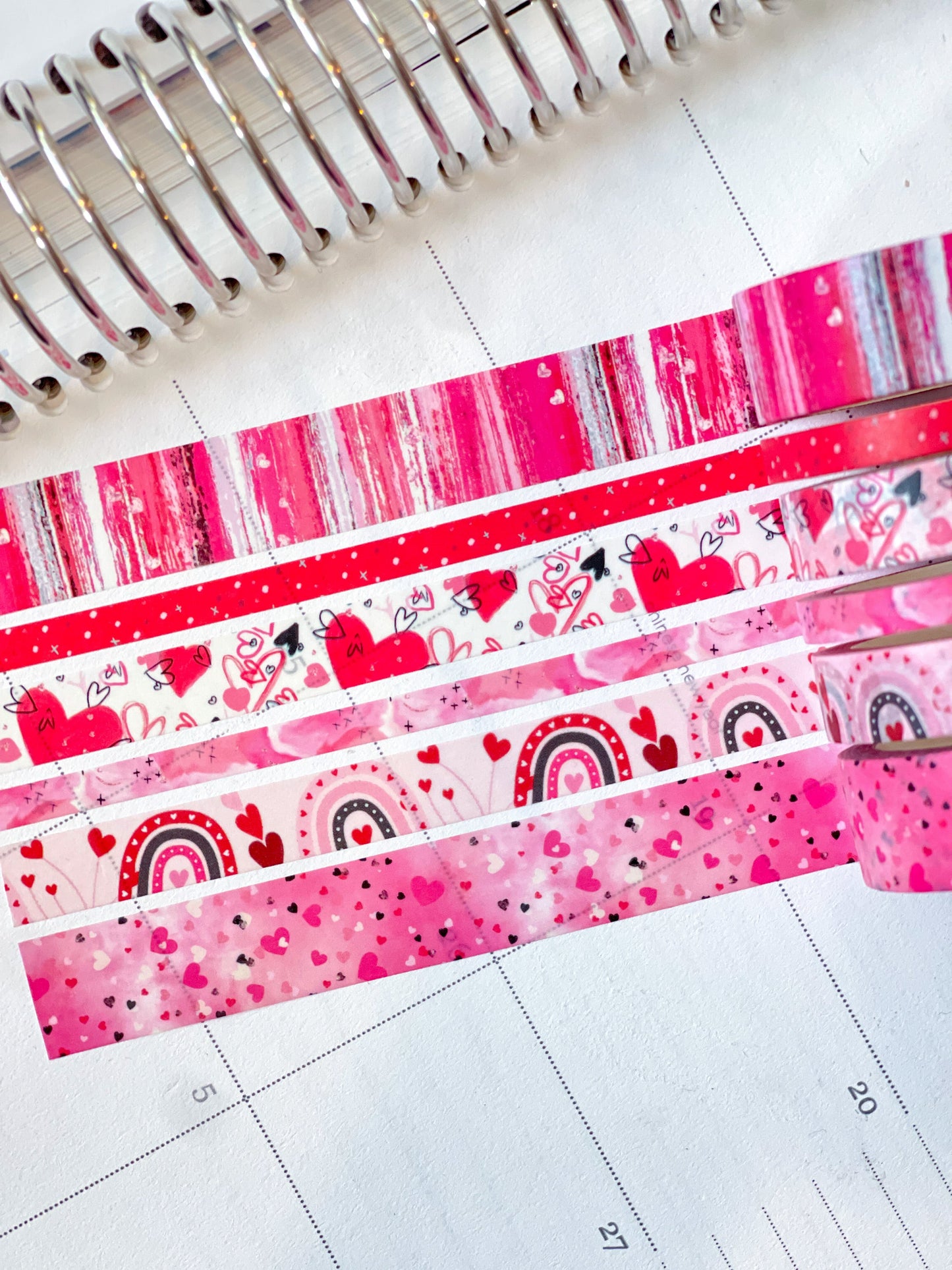 Valentine's Red & Pink Herts Boho Stripes Watercolor Washi Tape Set (#W076)