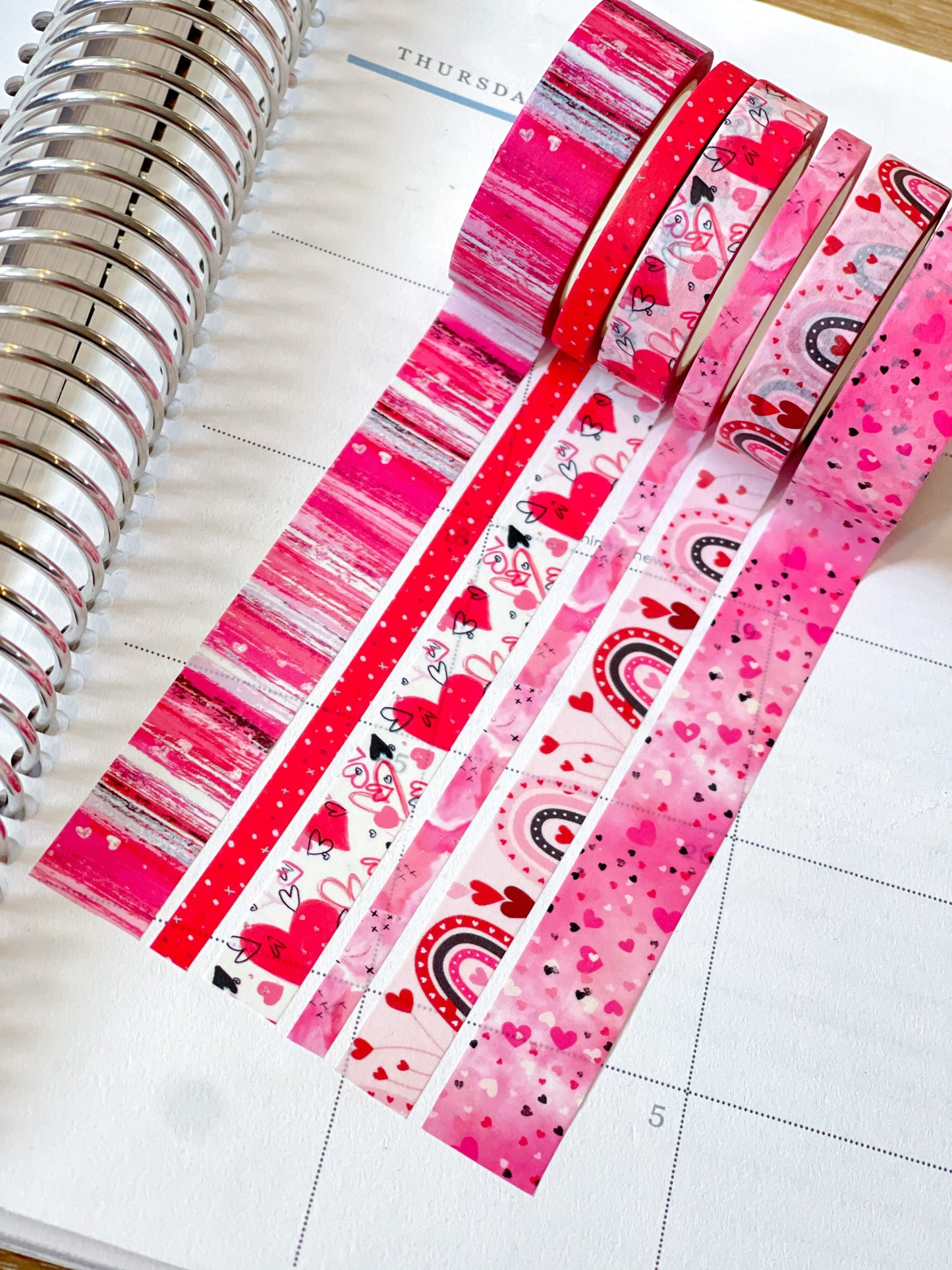 Valentine's Red & Pink Herts Boho Stripes Watercolor Washi Tape Set (#W076)