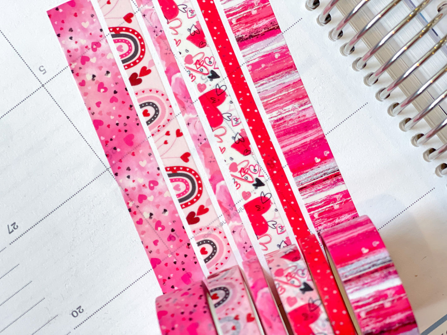 Valentine's Red & Pink Herts Boho Stripes Watercolor Washi Tape Set (#W076)