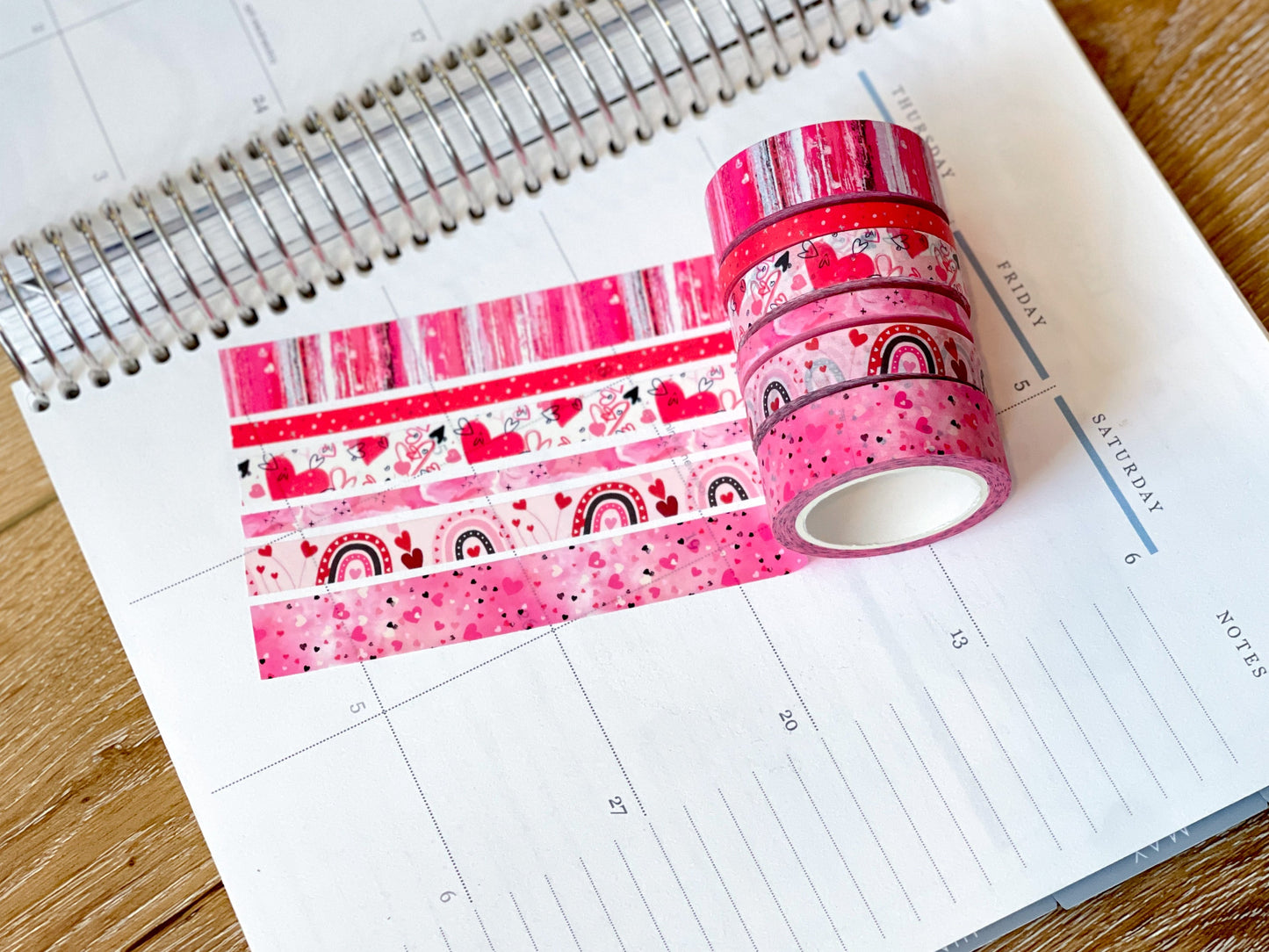 Valentine's Red & Pink Herts Boho Stripes Watercolor Washi Tape Set (#W076)