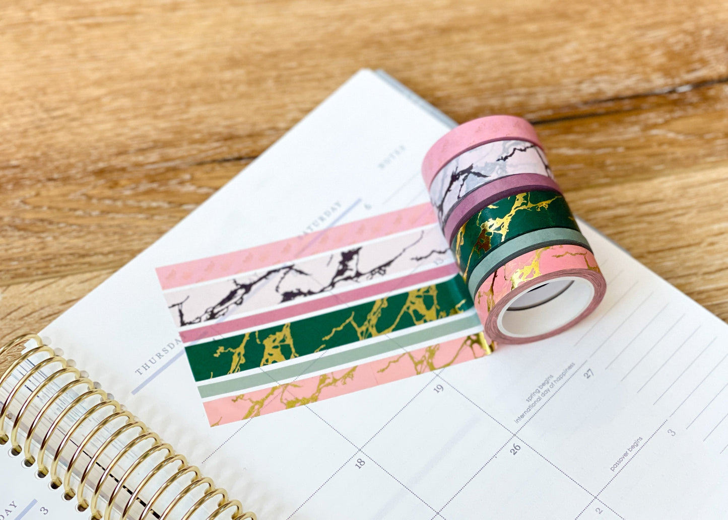 FOILED Marble Gold Green & Pink Modern Spring Minimalist Washi Tape Set (#W053)