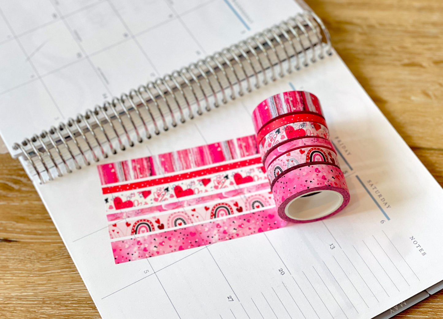 Valentine's Red & Pink Herts Boho Stripes Watercolor Washi Tape Set (#W076)