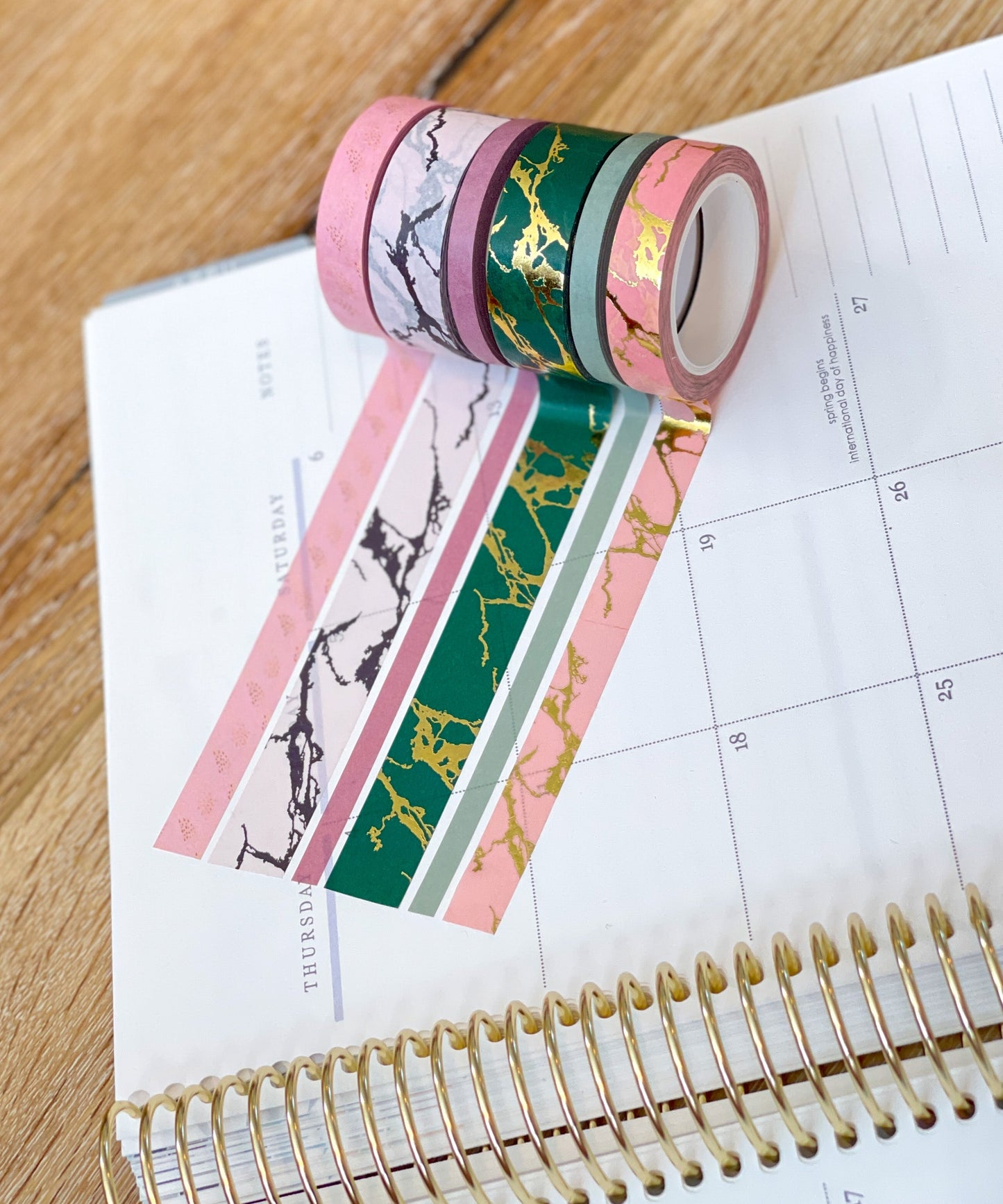 FOILED Marble Gold Green & Pink Modern Spring Minimalist Washi Tape Set (#W053)