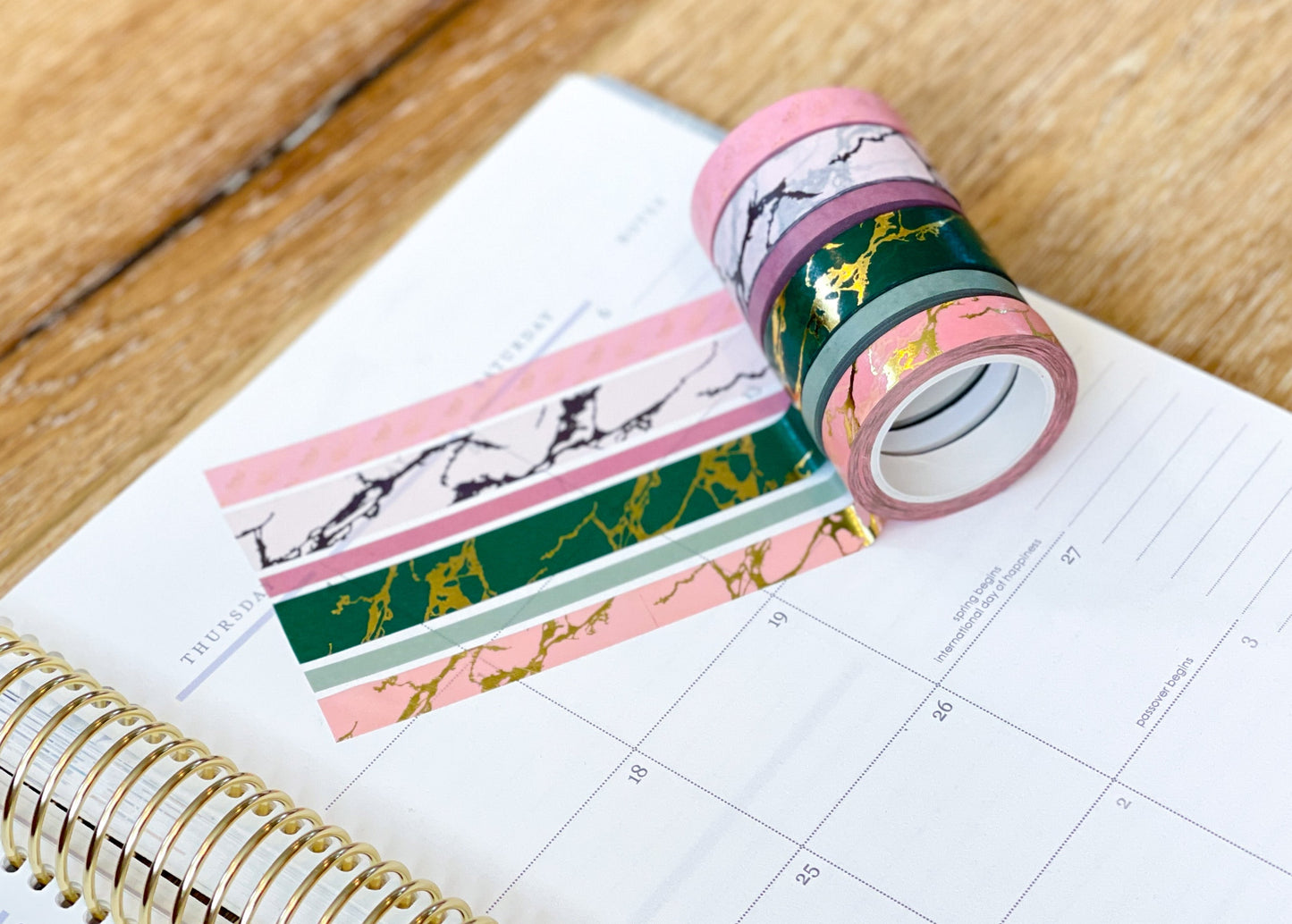 FOILED Marble Gold Green & Pink Modern Spring Minimalist Washi Tape Set (#W053)