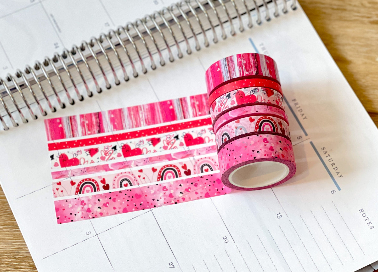 Valentine's Red & Pink Herts Boho Stripes Watercolor Washi Tape Set (#W076)