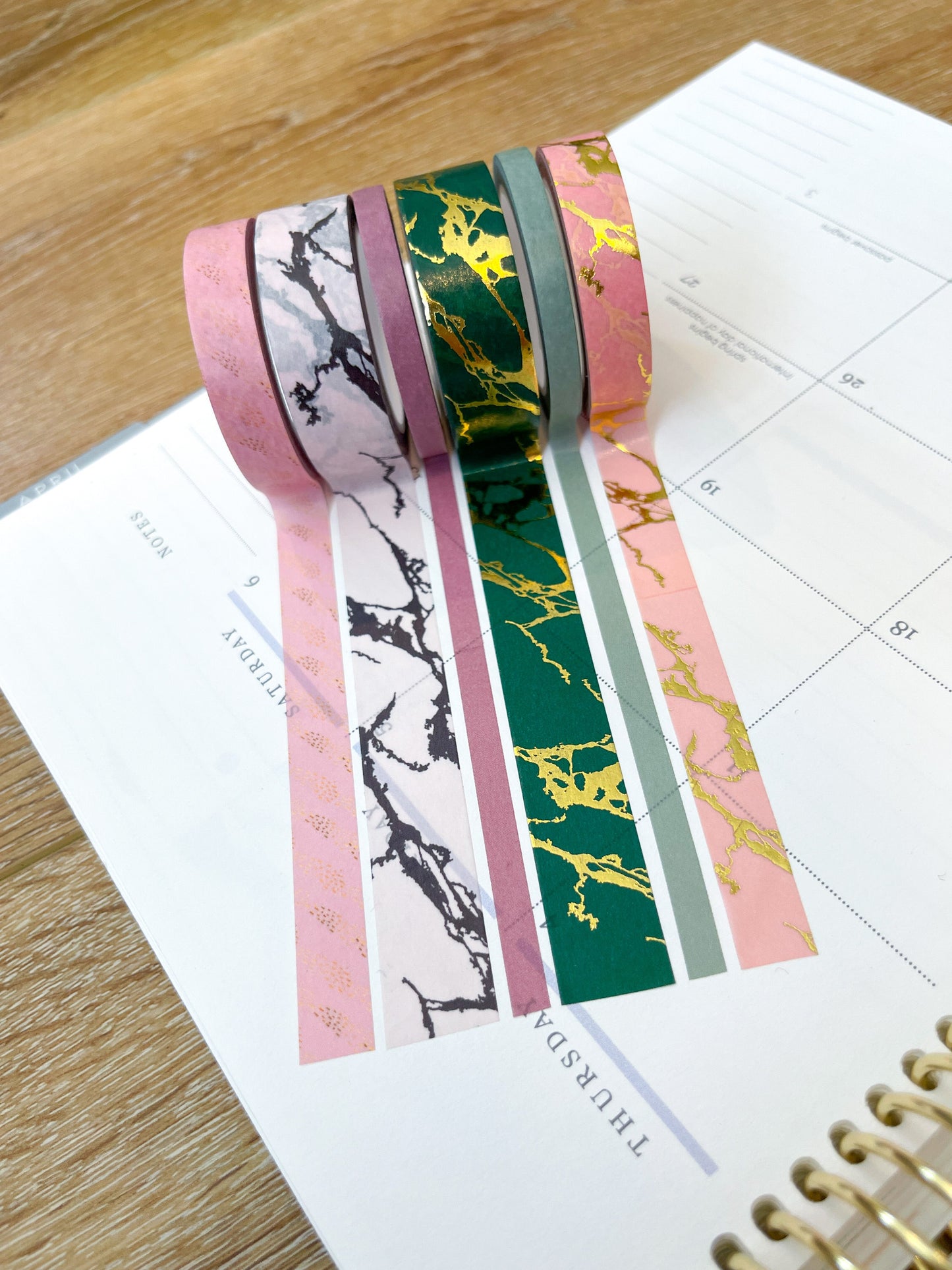 FOILED Marble Gold Green & Pink Modern Spring Minimalist Washi Tape Set (#W053)