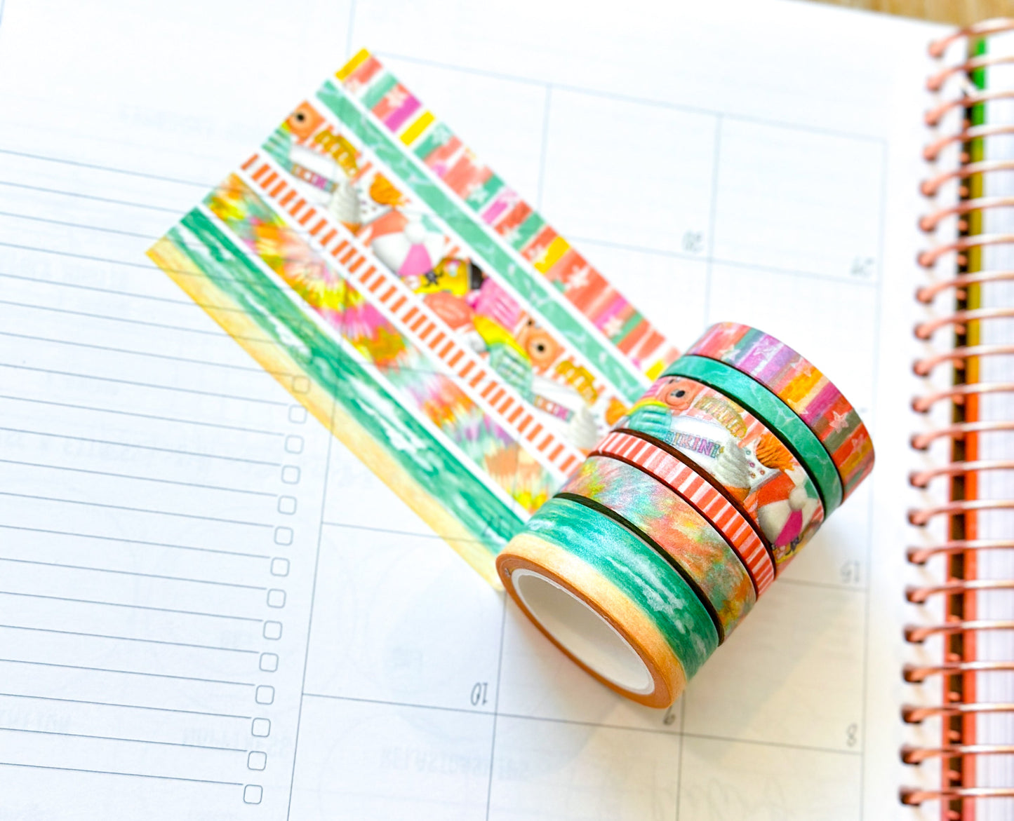 Beach Ocean Bright Colors Summer Stars Tye Dye Washi Tape Set August 2024 - W114