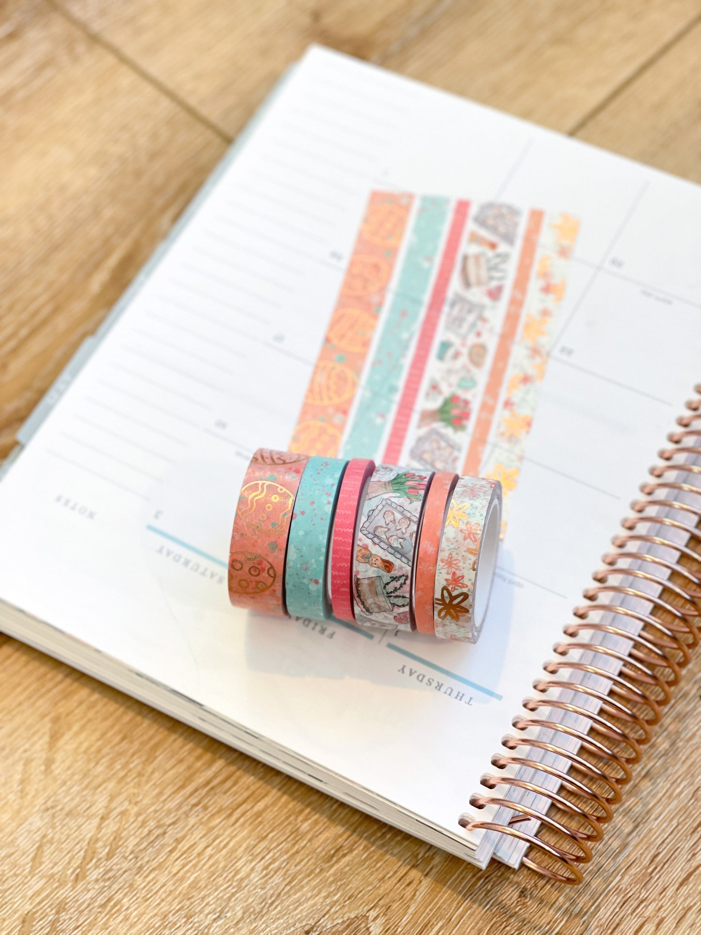 FOILED Easter Rose Gold Bunnies & Flowers Peach & Blue Washi Tape Set (#W055)