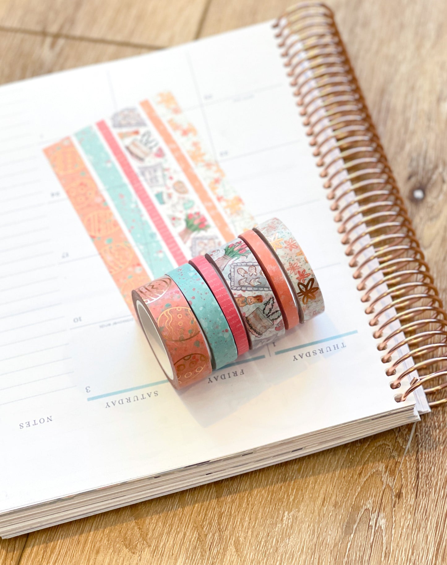 FOILED Easter Rose Gold Bunnies & Flowers Peach & Blue Washi Tape Set (#W055)