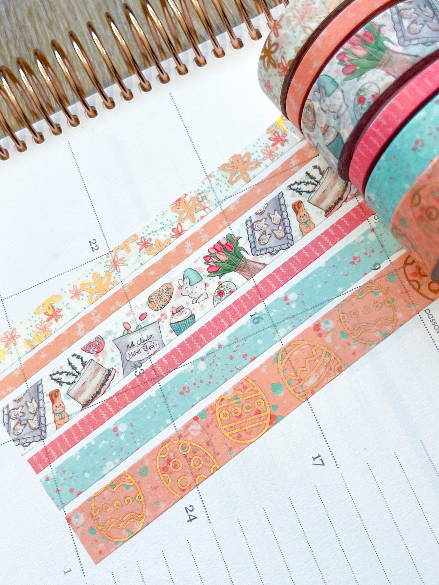 FOILED Easter Rose Gold Bunnies & Flowers Peach & Blue Washi Tape Set (#W055)