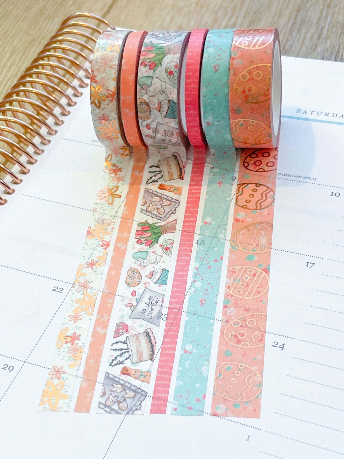 FOILED Easter Rose Gold Bunnies & Flowers Peach & Blue Washi Tape Set (#W055)