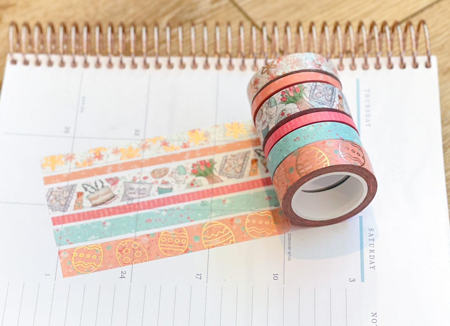 FOILED Easter Rose Gold Bunnies & Flowers Peach & Blue Washi Tape Set (#W055)