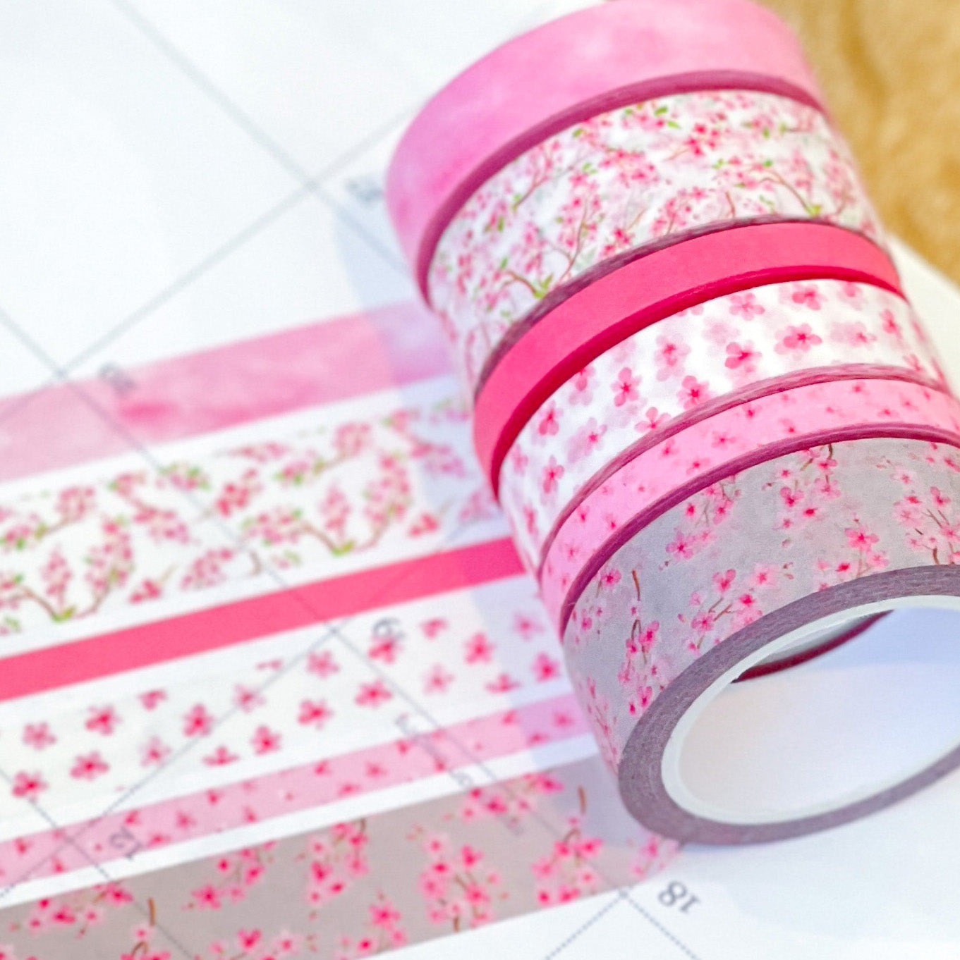 Cherry Blossoms Light Pink & Gray Spring Floral Flowers Washi Tape Set (#W056)