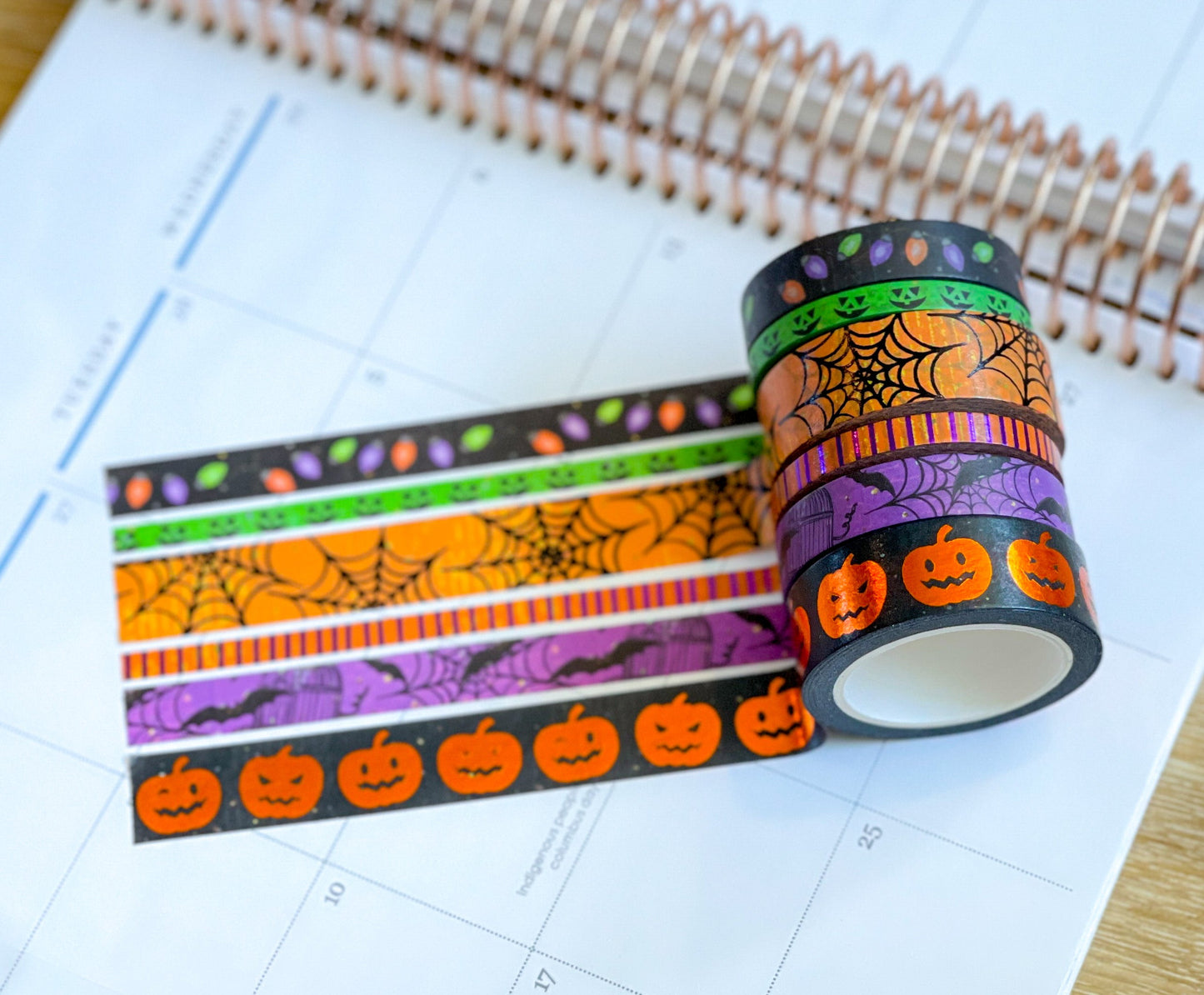 FOILED Halloween Pumpkins Spider Webs & Bats Orange & Black Washi Tape Set (#W069)