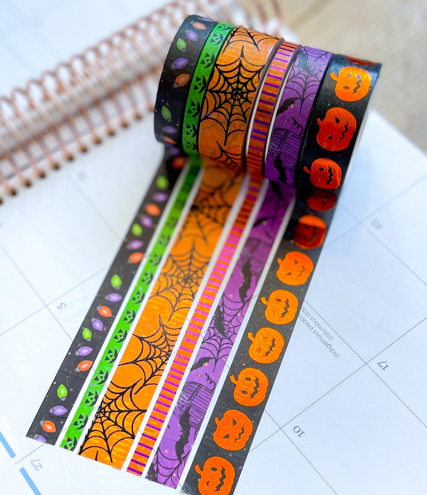 FOILED Halloween Pumpkins Spider Webs & Bats Orange & Black Washi Tape Set (#W069)