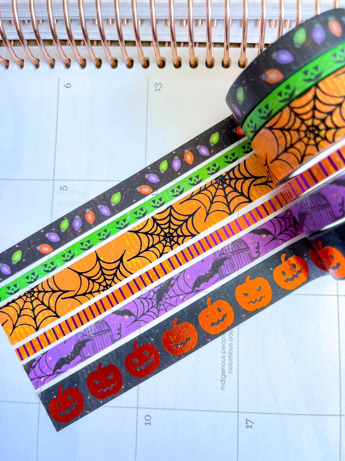 FOILED Halloween Pumpkins Spider Webs & Bats Orange & Black Washi Tape Set (#W069)