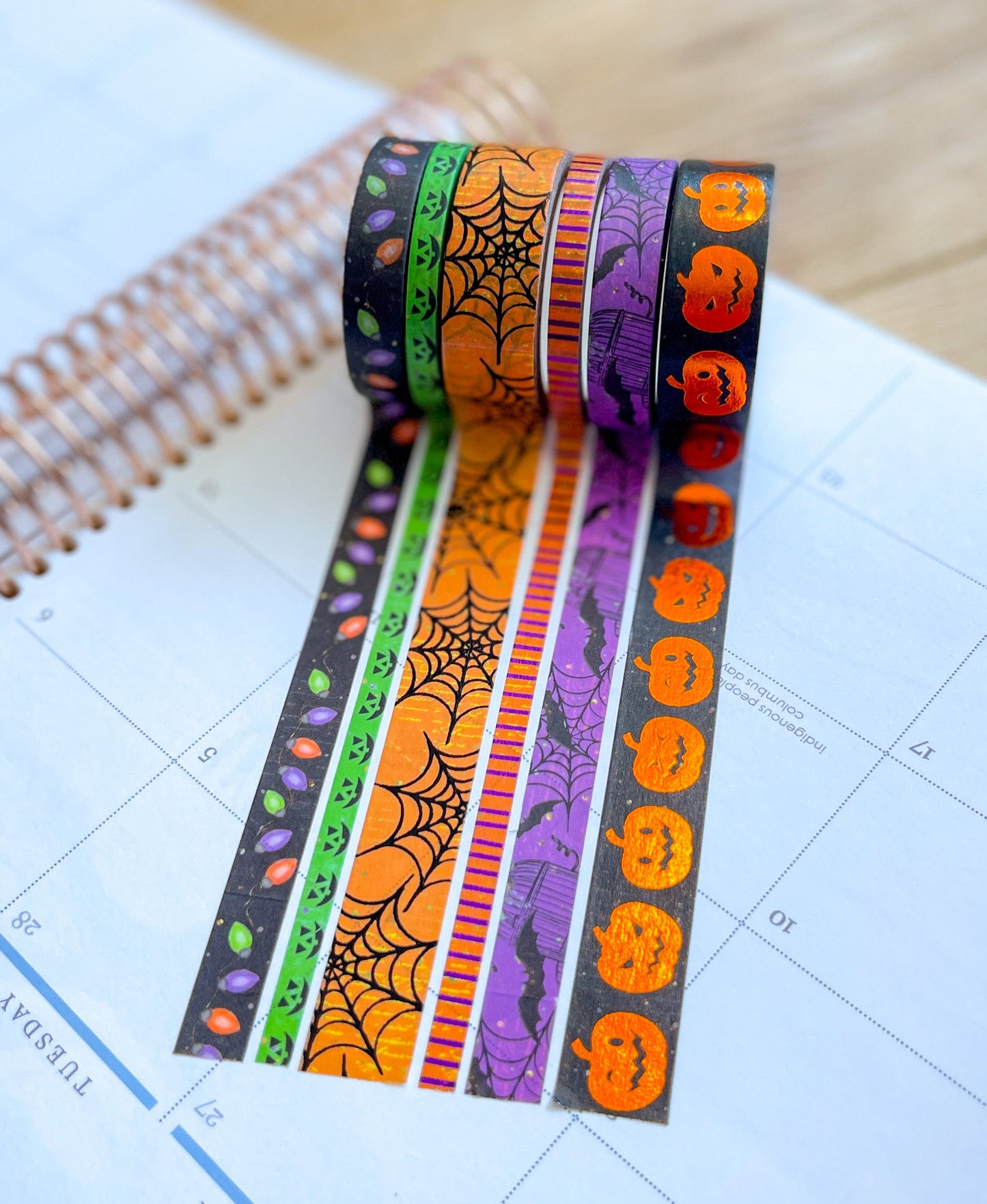 FOILED Halloween Pumpkins Spider Webs & Bats Orange & Black Washi Tape Set (#W069)