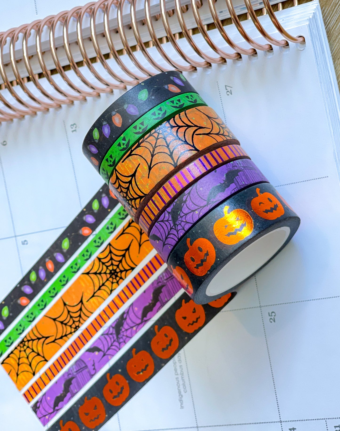 FOILED Halloween Pumpkins Spider Webs & Bats Orange & Black Washi Tape Set (#W069)
