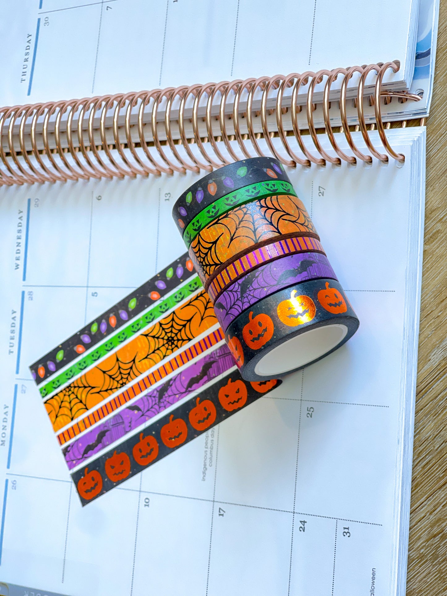 FOILED Halloween Pumpkins Spider Webs & Bats Orange & Black Washi Tape Set (#W069)