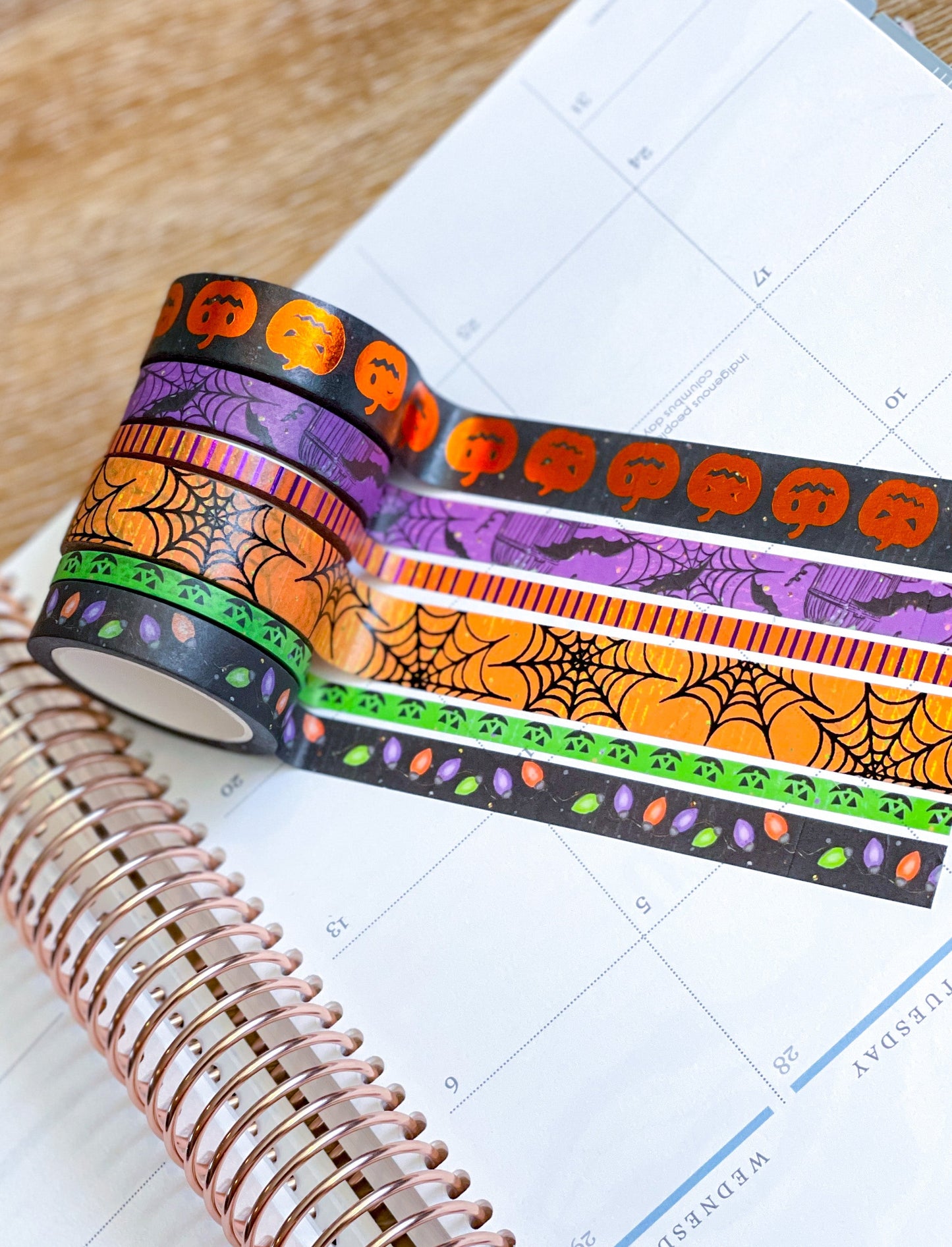 FOILED Halloween Pumpkins Spider Webs & Bats Orange & Black Washi Tape Set (#W069)