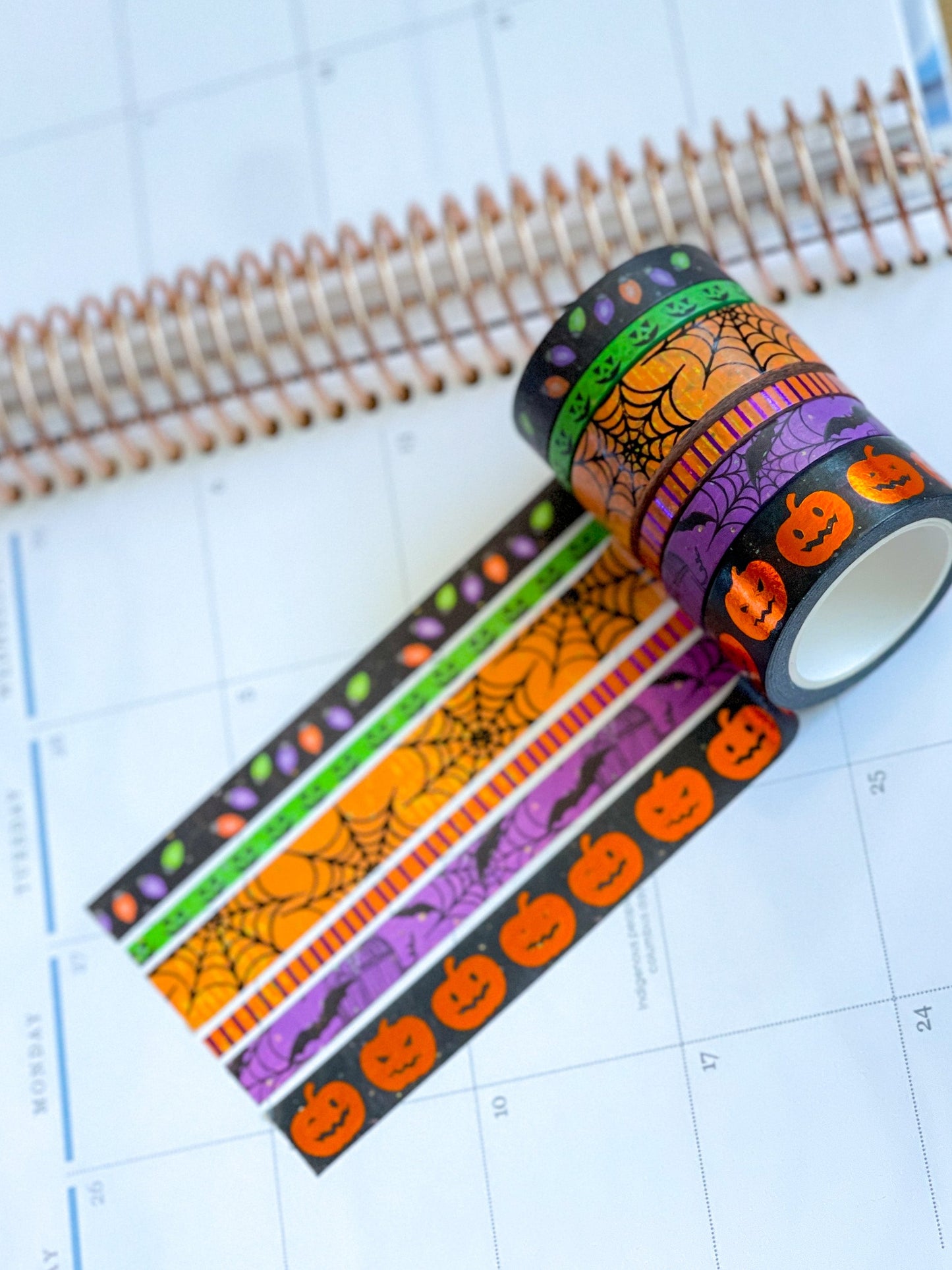FOILED Halloween Pumpkins Spider Webs & Bats Orange & Black Washi Tape Set (#W069)
