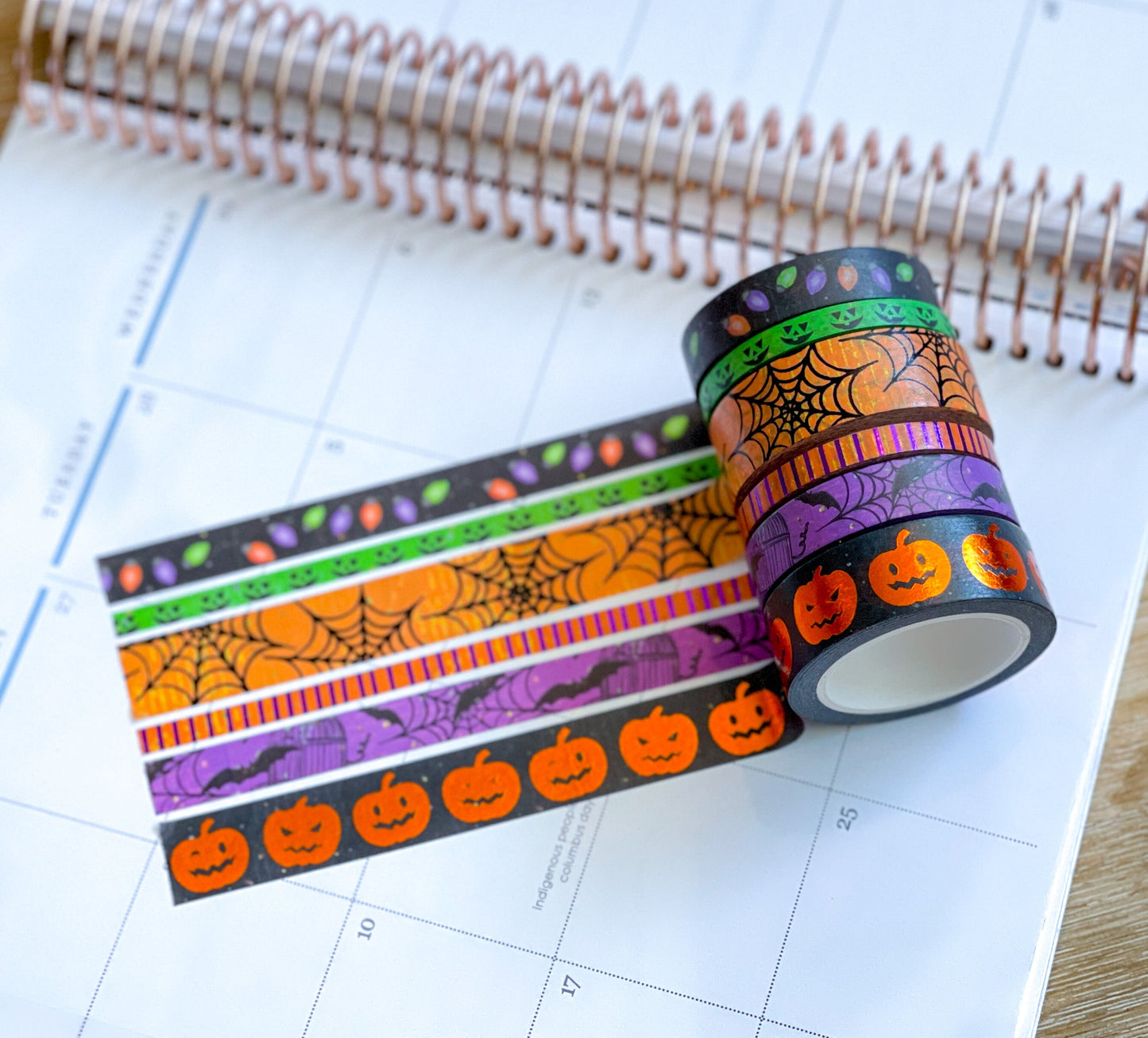 FOILED Halloween Pumpkins Spider Webs & Bats Orange & Black Washi Tape Set (#W069)