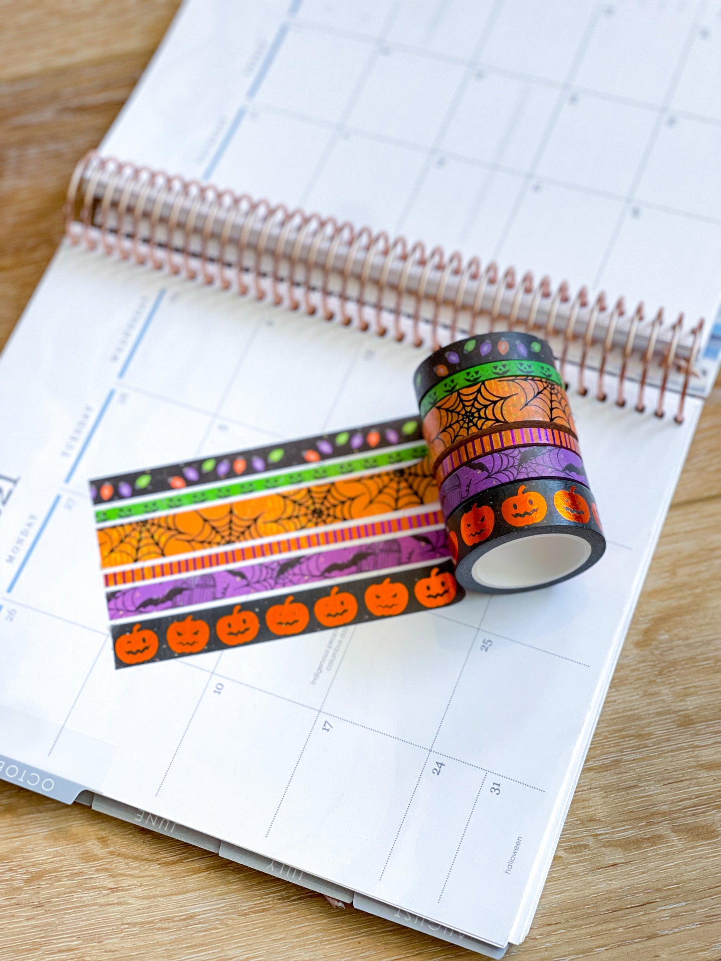 FOILED Halloween Pumpkins Spider Webs & Bats Orange & Black Washi Tape Set (#W069)