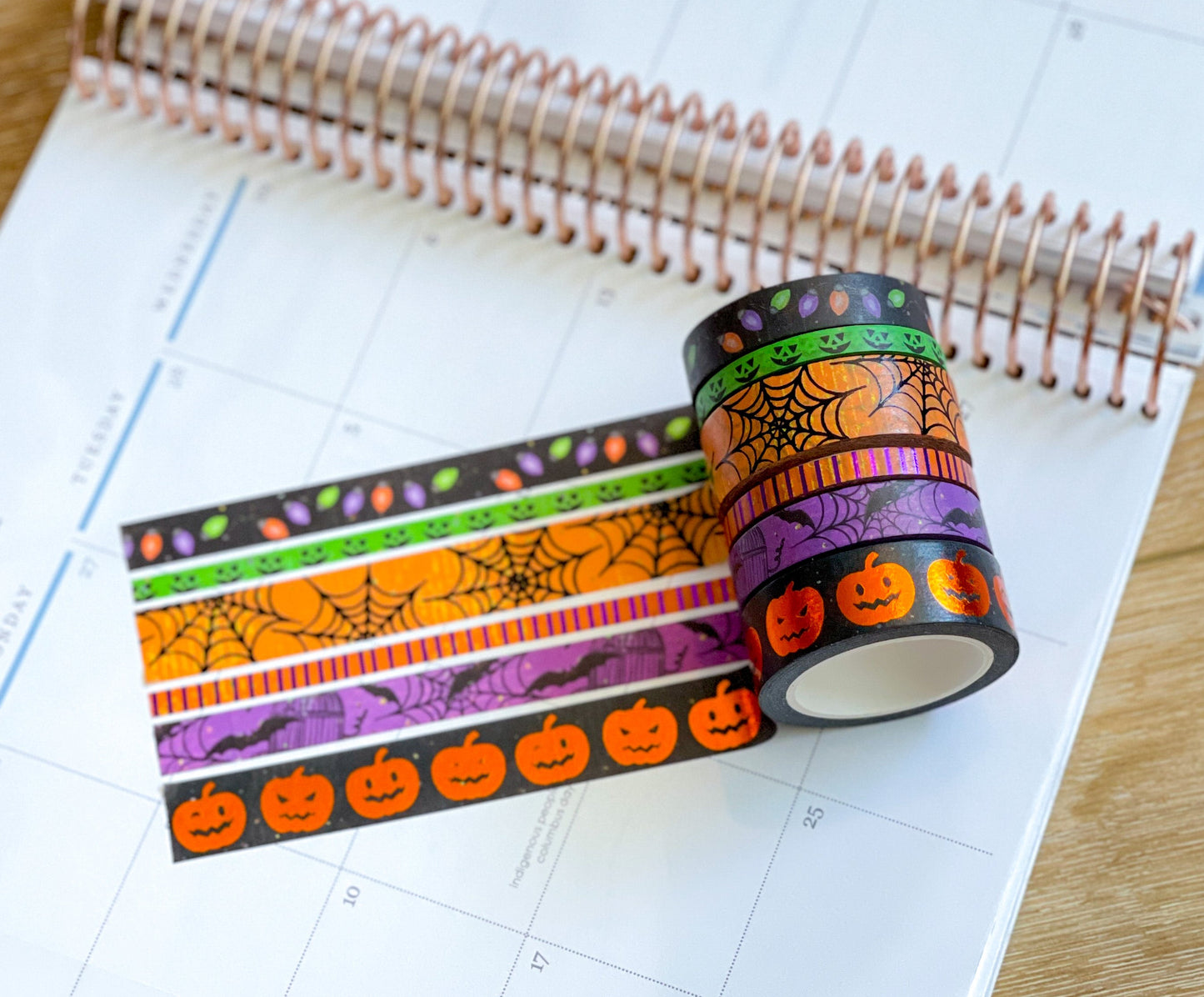 FOILED Halloween Pumpkins Spider Webs & Bats Orange & Black Washi Tape Set (#W069)