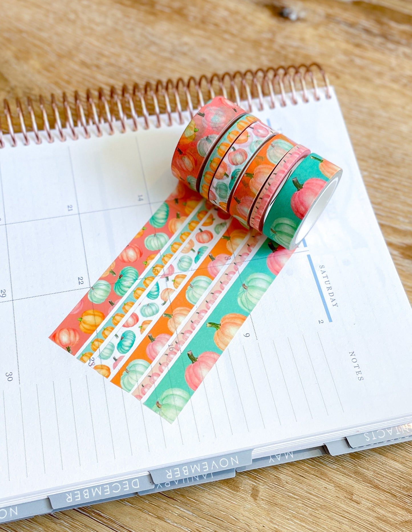 Pastel Boho Teal Pink & Orange Pumpkins Washi Tape Set (#W068)