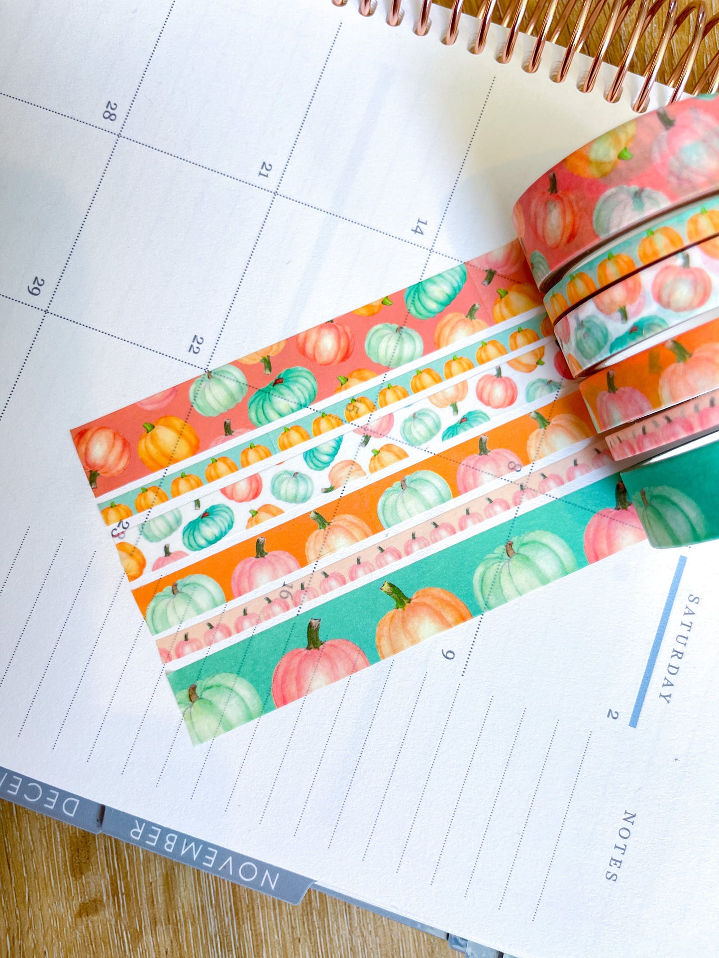 Pastel Boho Teal Pink & Orange Pumpkins Washi Tape Set (#W068)