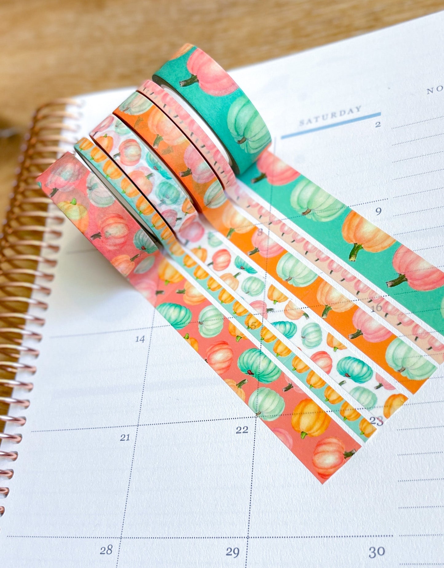 Pastel Boho Teal Pink & Orange Pumpkins Washi Tape Set (#W068)
