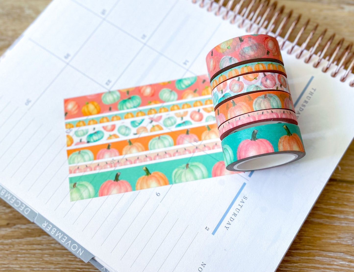 Pastel Boho Teal Pink & Orange Pumpkins Washi Tape Set (#W068)