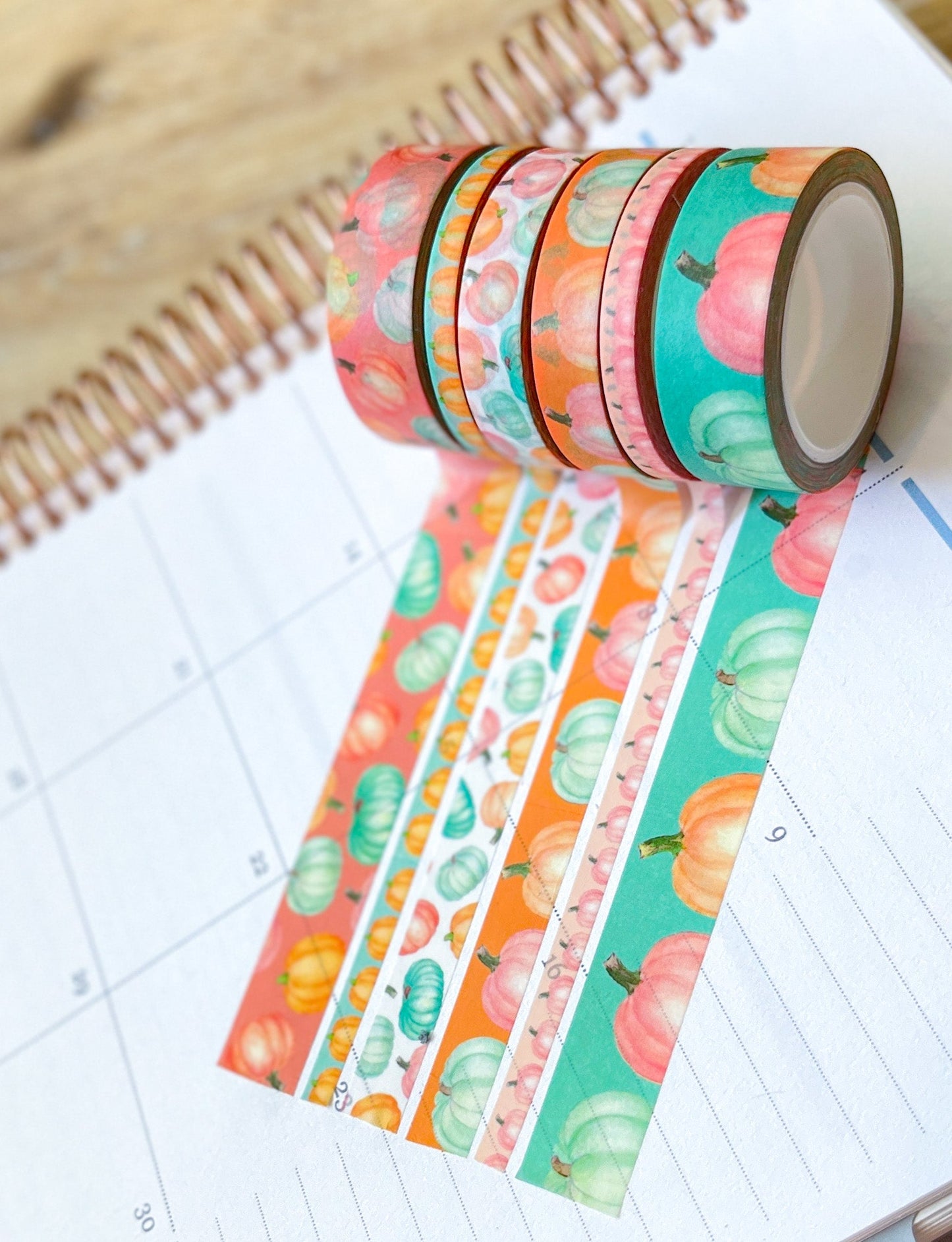 Pastel Boho Teal Pink & Orange Pumpkins Washi Tape Set (#W068)