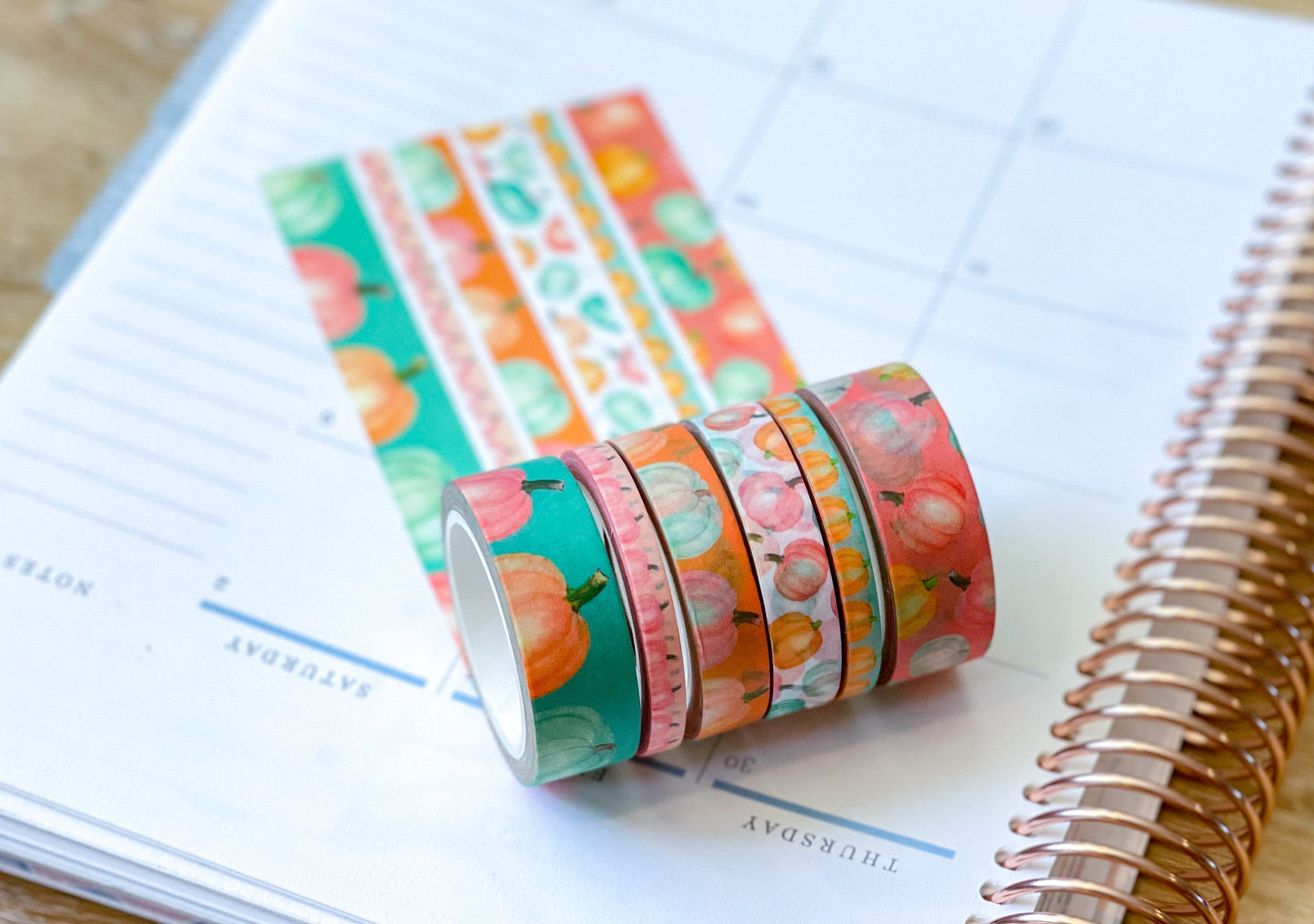 Pastel Boho Teal Pink & Orange Pumpkins Washi Tape Set (#W068)
