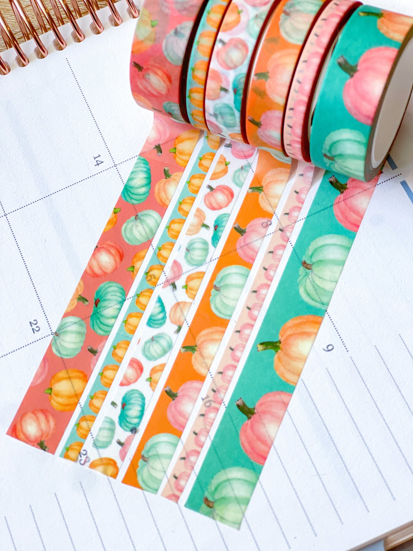 Pastel Boho Teal Pink & Orange Pumpkins Washi Tape Set (#W068)