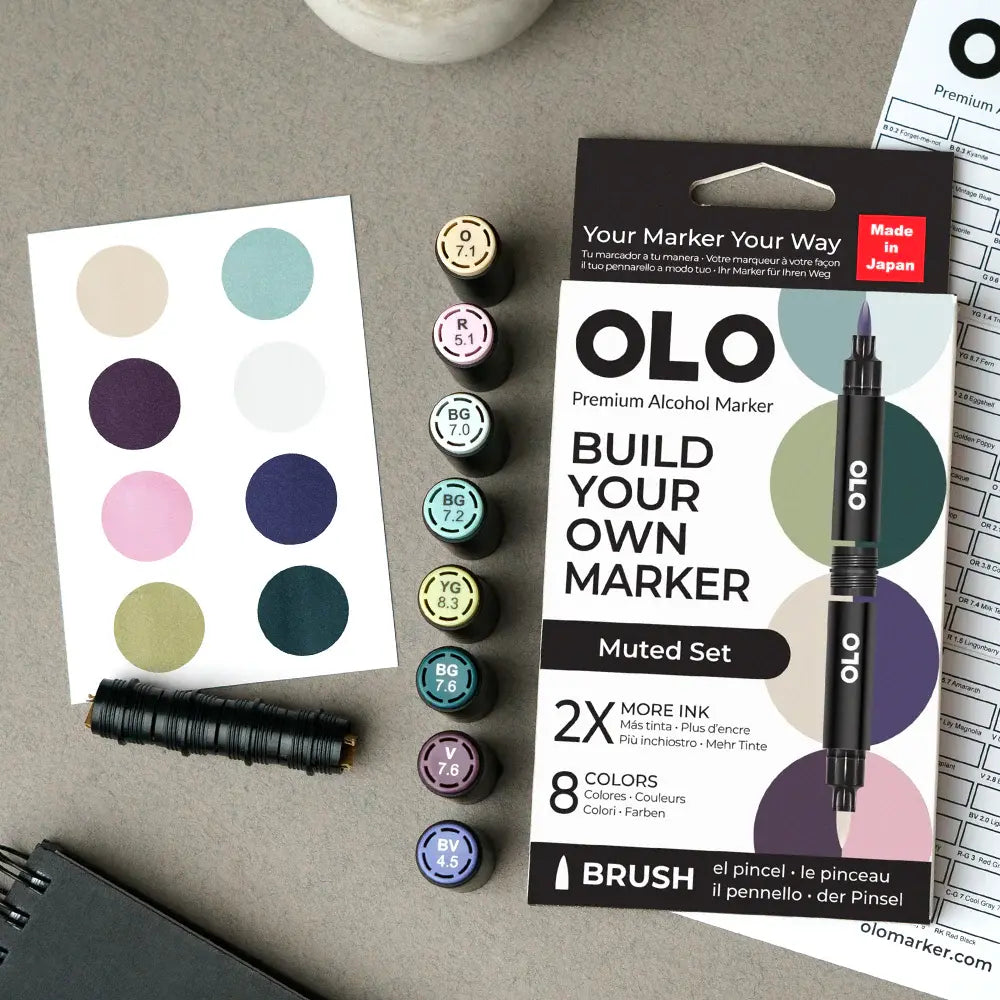 OLO Muted 8-Piece Brush Alcohol Marker Set