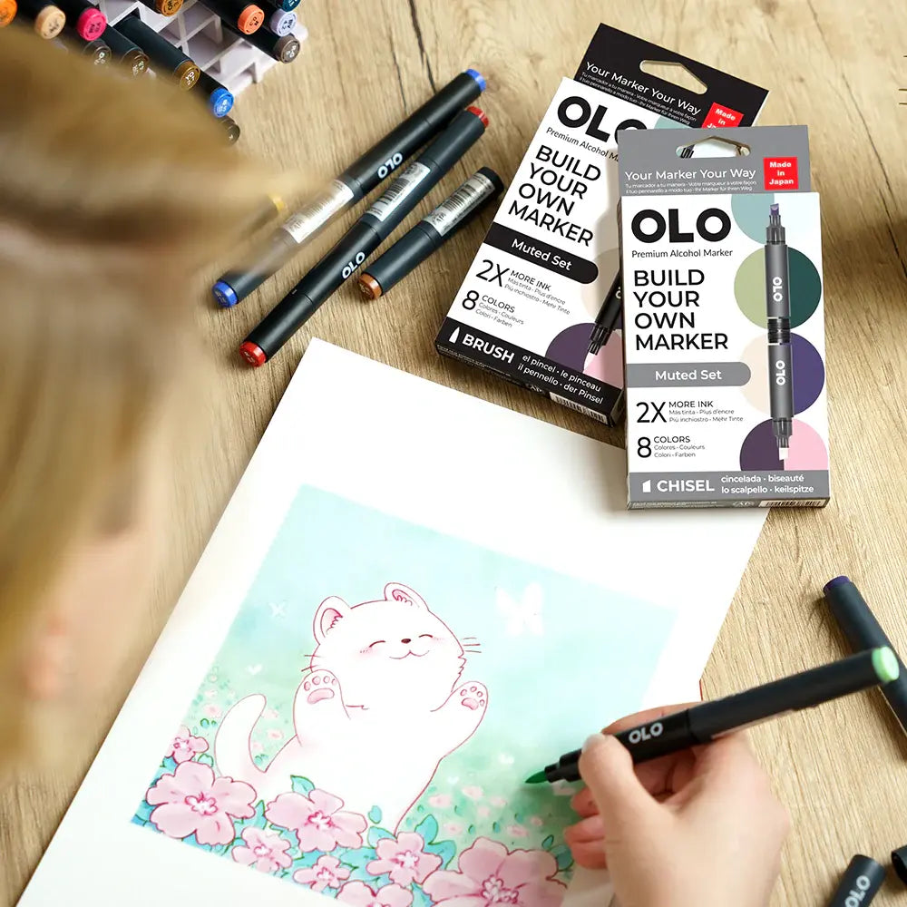 OLO Muted 8-Piece Brush Alcohol Marker Set