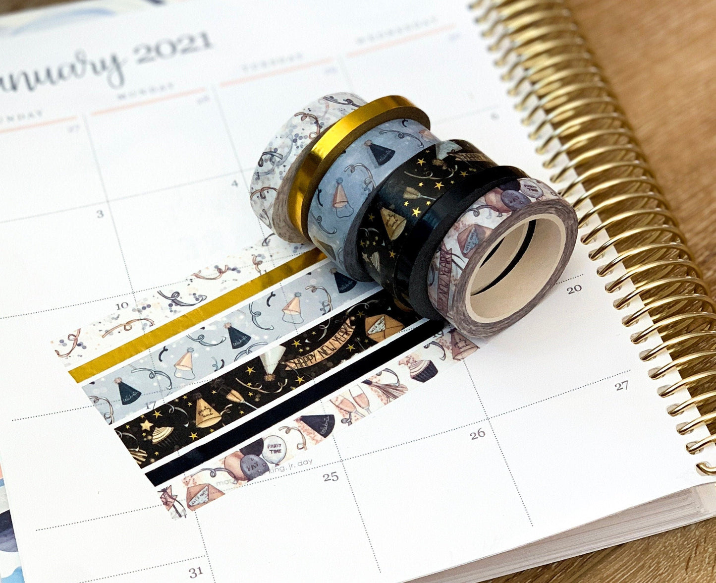 FOILED New Years Eve NYE Black & Gold Anniversary Washi Tape Set (#W004)