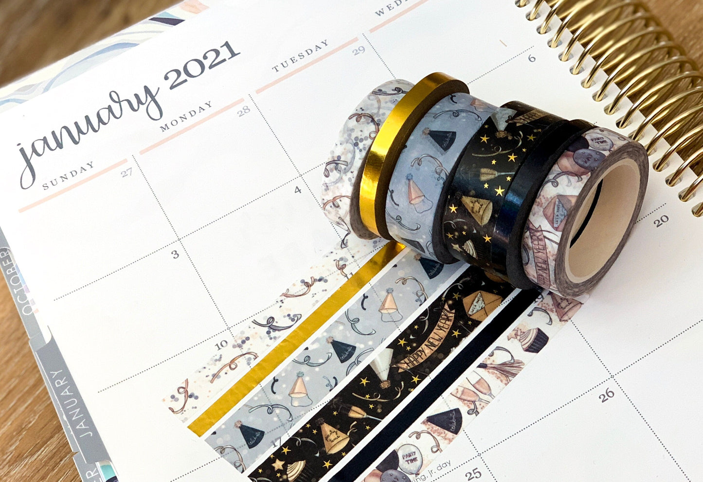 FOILED New Years Eve NYE Black & Gold Anniversary Washi Tape Set (#W004)