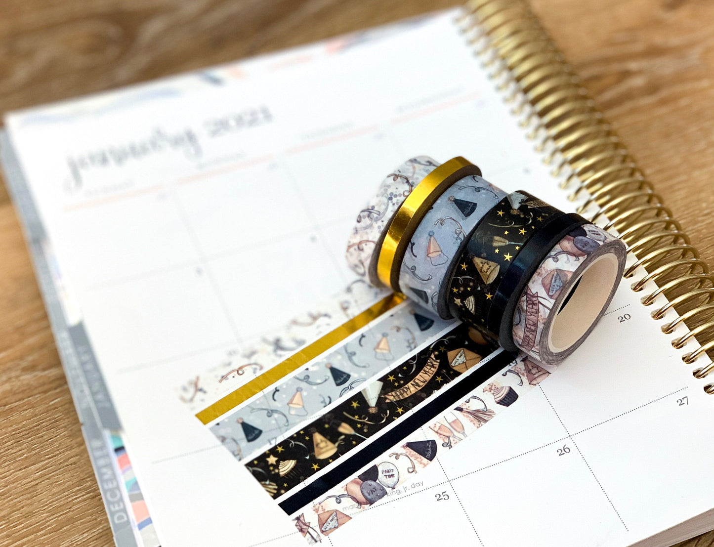 FOILED New Years Eve NYE Black & Gold Anniversary Washi Tape Set (#W004)