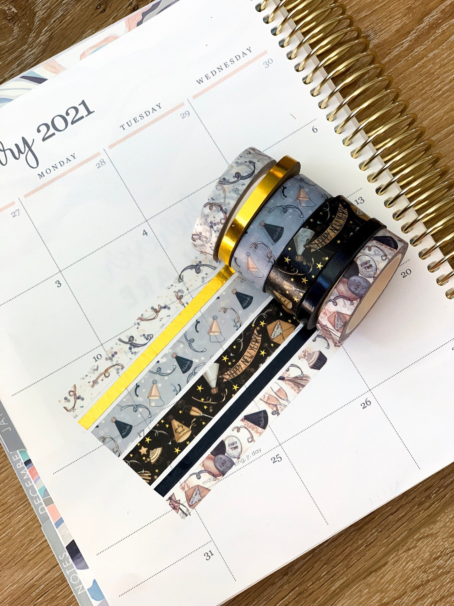 FOILED New Years Eve NYE Black & Gold Anniversary Washi Tape Set (#W004)